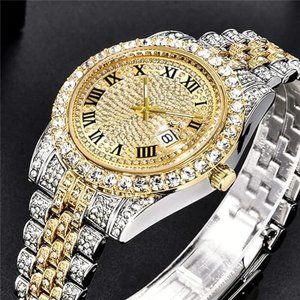 HUNRUY Hip Hop Watches for Men Iced-Out Bling Diamond Luxury Quartz Watches